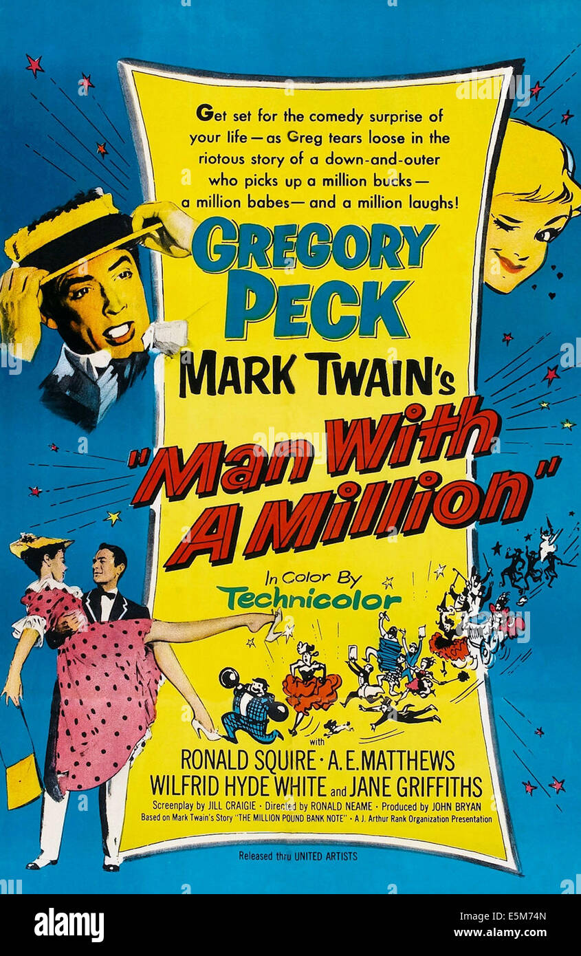 MAN WITH A MILLION, (aka THE MILLION POUND NOTE), US poster art, bottom left: Jane Griffiths, Gregory Peck, 1954 Stock Photo