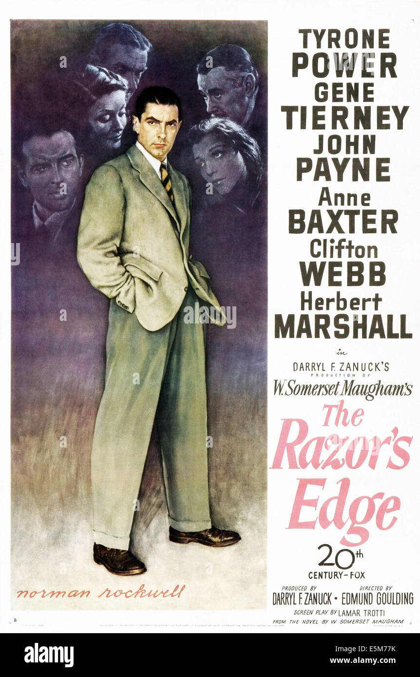 THE RAZOR'S EDGE, US poster, left from left: John Payne, Gene Tierney, Clifton Webb, center: Tyrone Power, right from top: Stock Photo