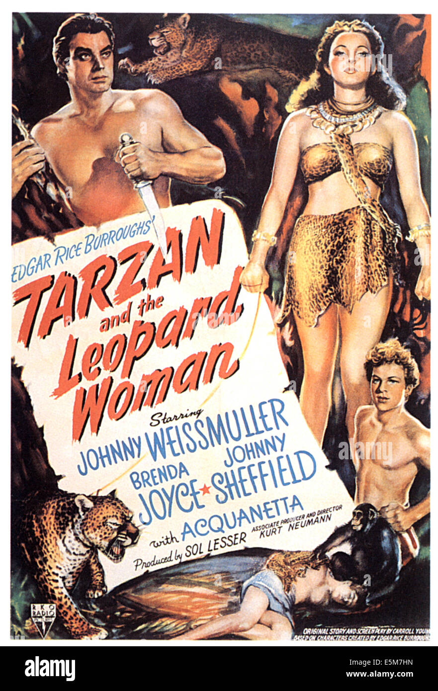 TARZAN AND THE LEOPARD WOMAN, Johnny Weissmuller, Acquanetta, Johnny Sheffield, 1946 Stock Photo