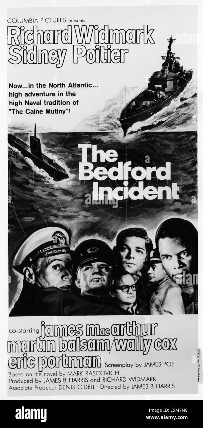 THE BEDFORD INCIDENT, Richard Widmark, Sidney Poiter, James MacArthur, Martin Balsam, Wally Cox, Eric Portman, 1965 Stock Photo