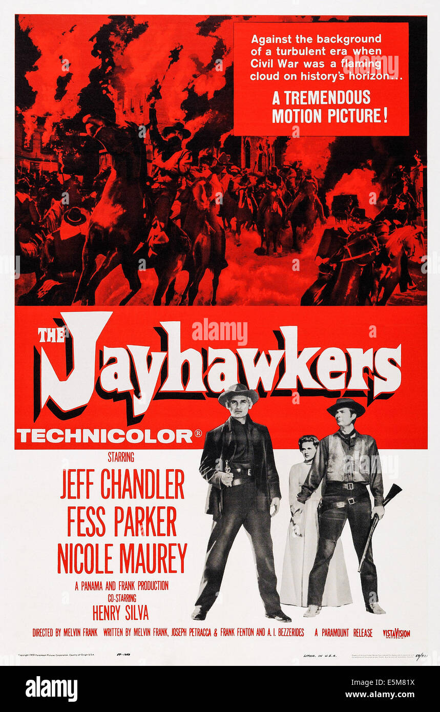 THE JAYHAWKERS, US poster art, from left: Jeff Chandler, Nicole Maurey, Fess Parker, 1959 Stock Photo