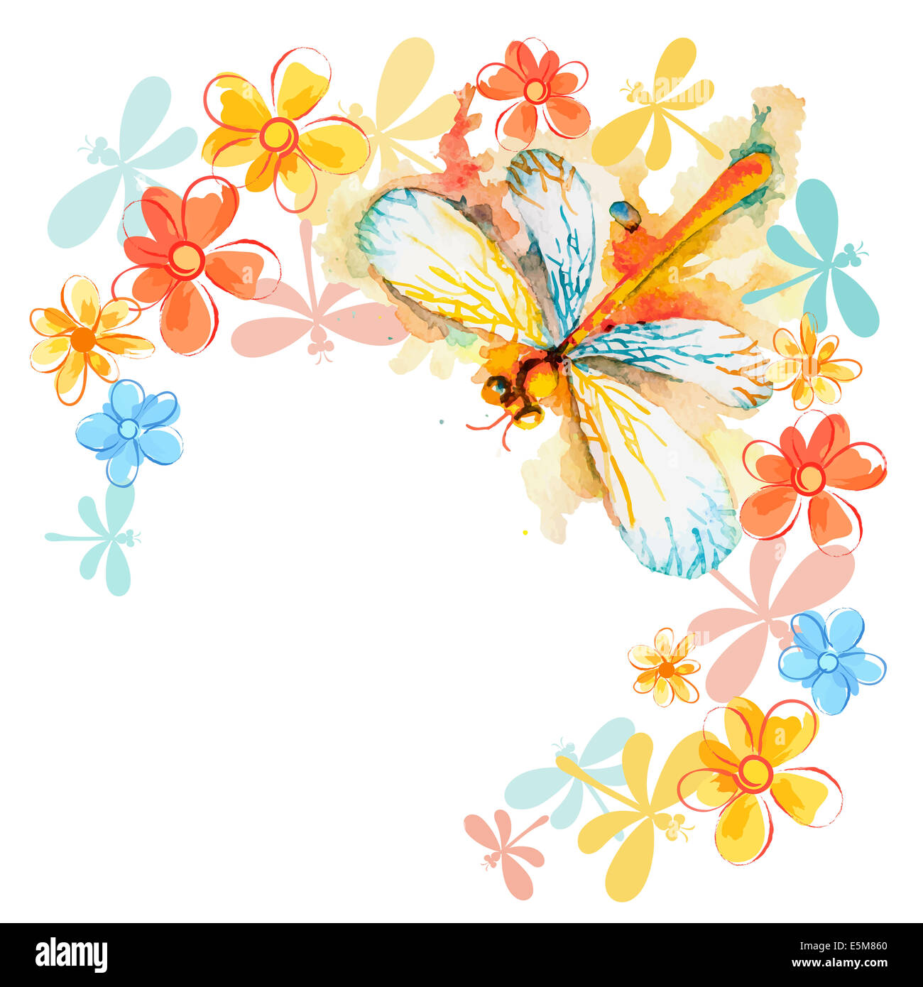 Greeting background with beautiful watercolor flying orange dragonfly and gentle flowers Stock Photo