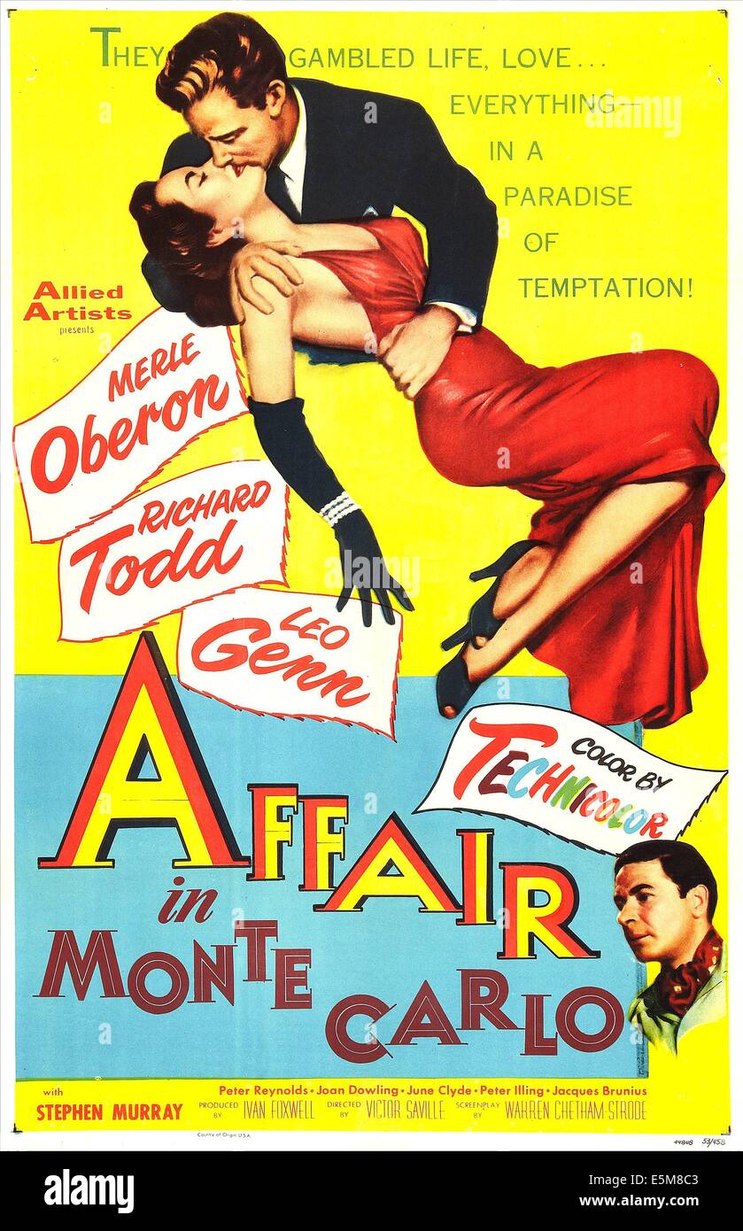 AFFAIR IN MONTE CARLO, (aka 24 HOURS OF A WOMAN'S LIFE), US poster, top from left: Merle Oberon, Richard Todd, bottom right: Stock Photo