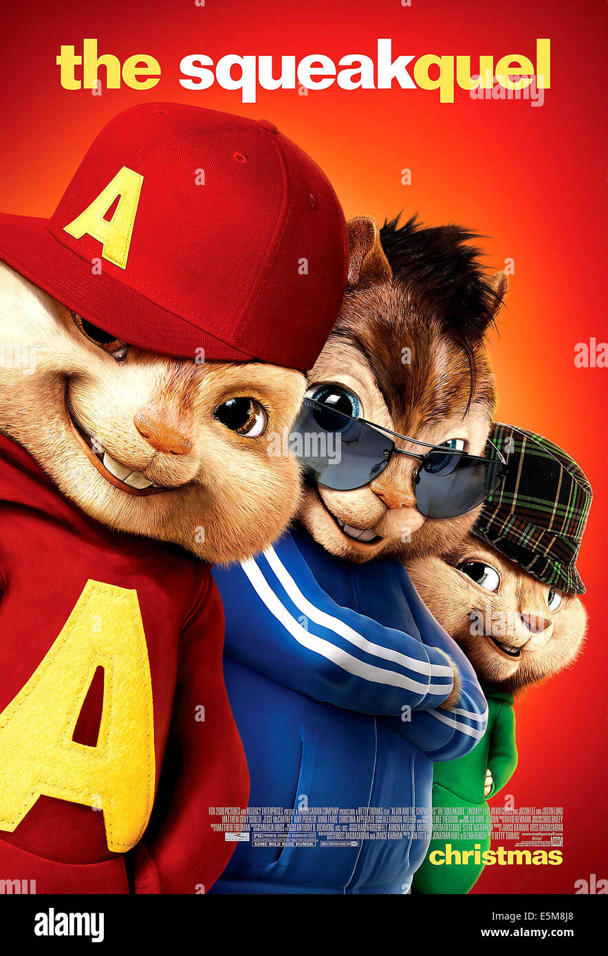 ALVIN AND THE CHIPMUNKS: THE SQUEAKQUEL, from left: Alvin (voice: Justin Long), Simon (voice: Matthew Gray Gubler), Theodore Stock Photo