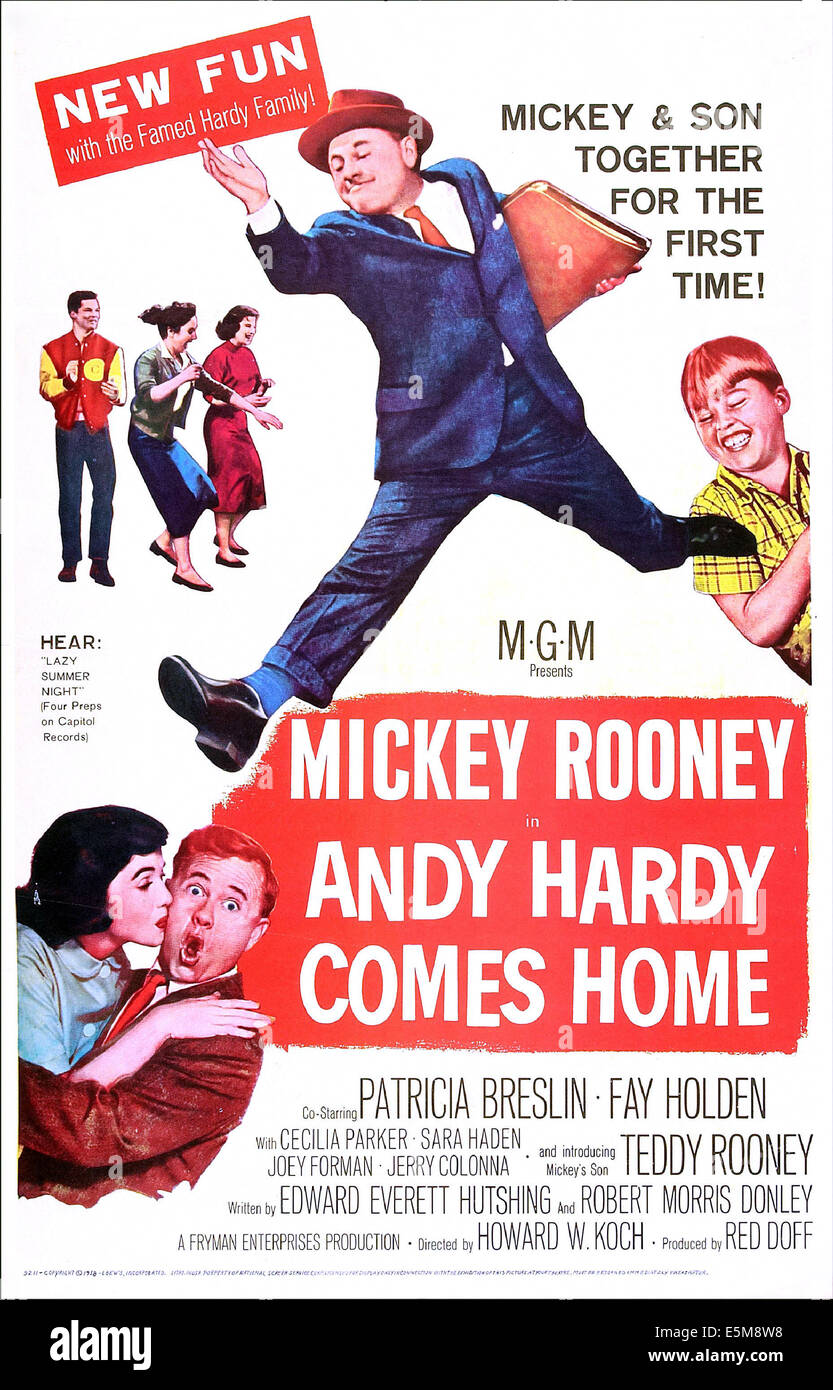 ANDY HARDY COMES HOME, US poster, Mickey Rooney (center), bottom left: Patricia Breslin, Mickey Rooney, Teddy Rooney (right of Stock Photo