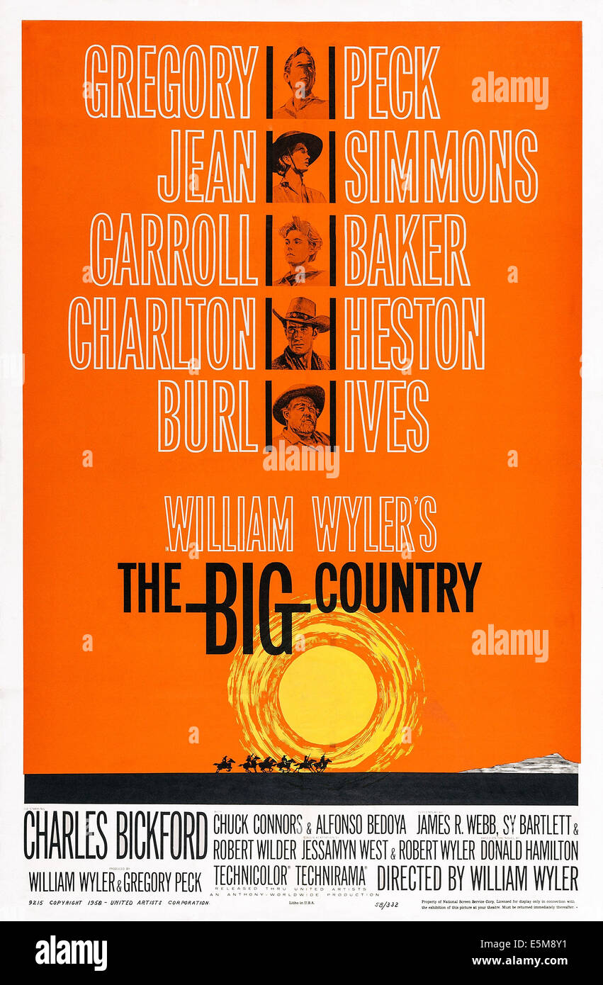 THE BIG COUNTRY, US poster art, from top: Gregory Peck, Jean Simmons, Carroll Baker, Charlton Heston, Burl Ives, 1958 Stock Photo
