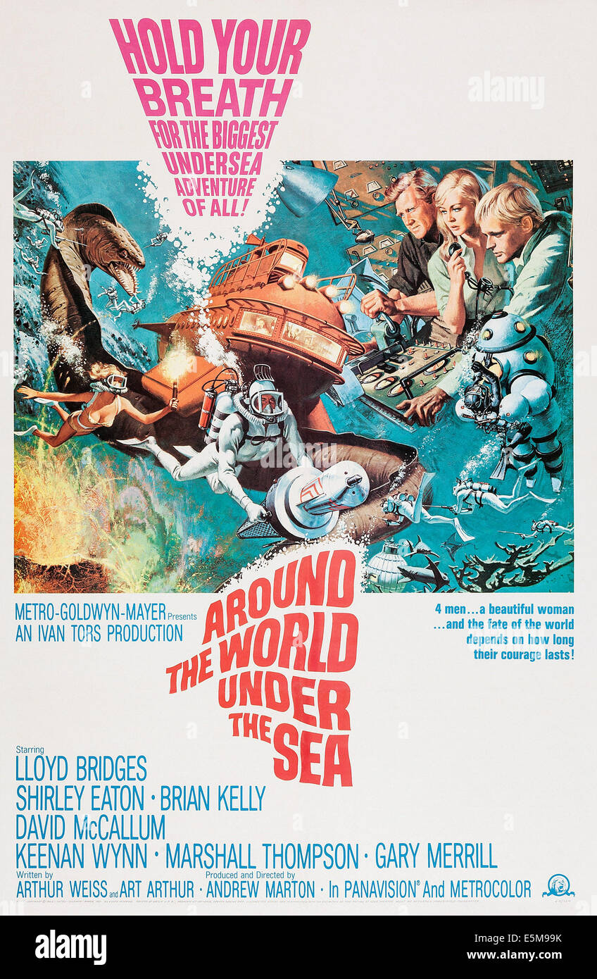 AROUND THE WORLD UNDER THE SEA, l-r: Lloyd Bridges, Shirley Eaton, David McCallum on poster art, 1966. Stock Photo