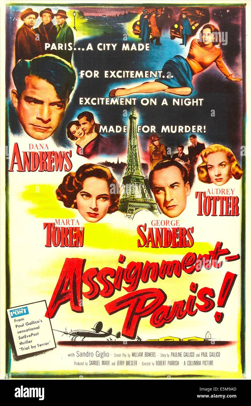 ASSIGNMENT: PARIS, US poster, from left: Dana Andrews, Marta Toren, George Sanders, Audrey Totter, 1952 Stock Photo