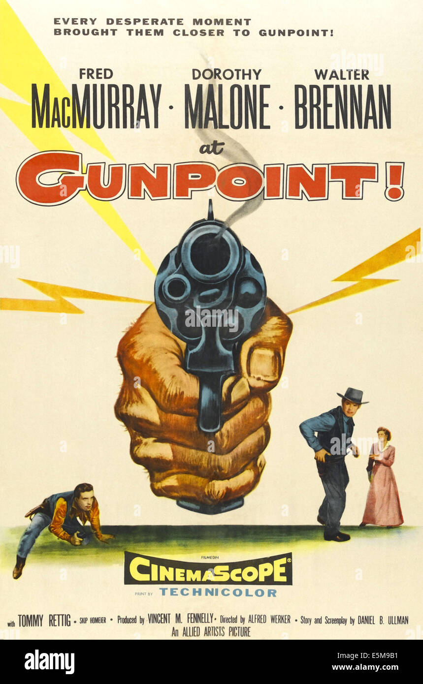 AT GUNPOINT, (aka GUNPOINT!), bottom l-r: Walter Brennan, Fred MacMurray, Dorothy Malone on UK poster art, 1955 Stock Photo