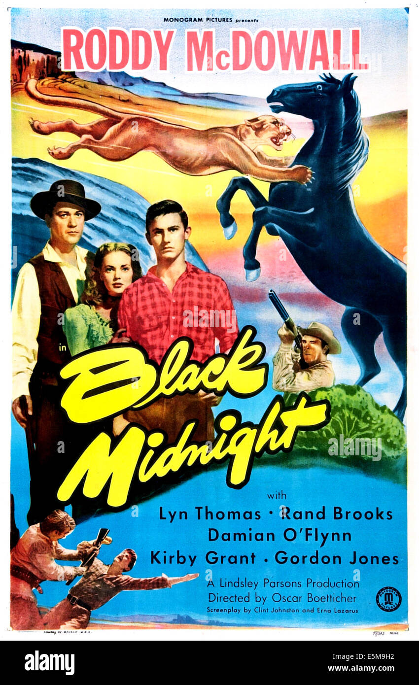 BLACK MIDNIGHT, US poster, middle from left: Damian O'Flynn, Lyn Thomas, Roddy McDowall, 1949 Stock Photo