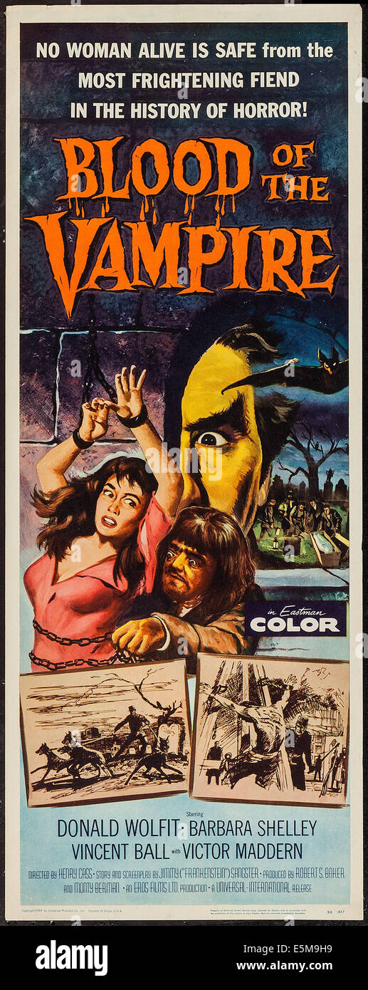 BLOOD OF THE VAMPIRE, left: Barbara Shelley, Victor Maddern; peering