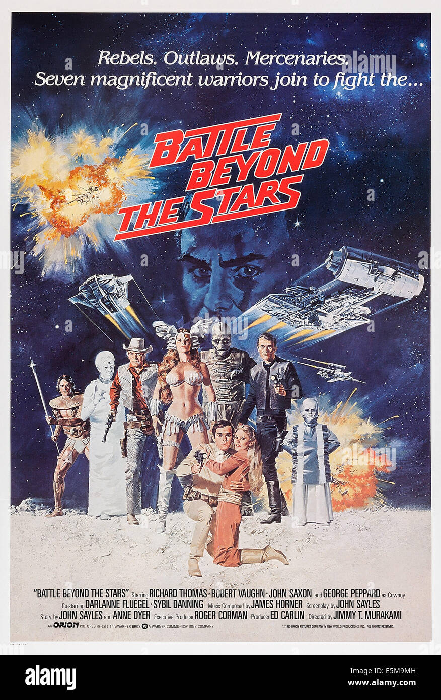 BATTLE BEYOND THE STARS, top: John Saxon, rear l-r: George Peppard, Sybil Danning, Robert Vaughn, foreground l-r: Richard Stock Photo