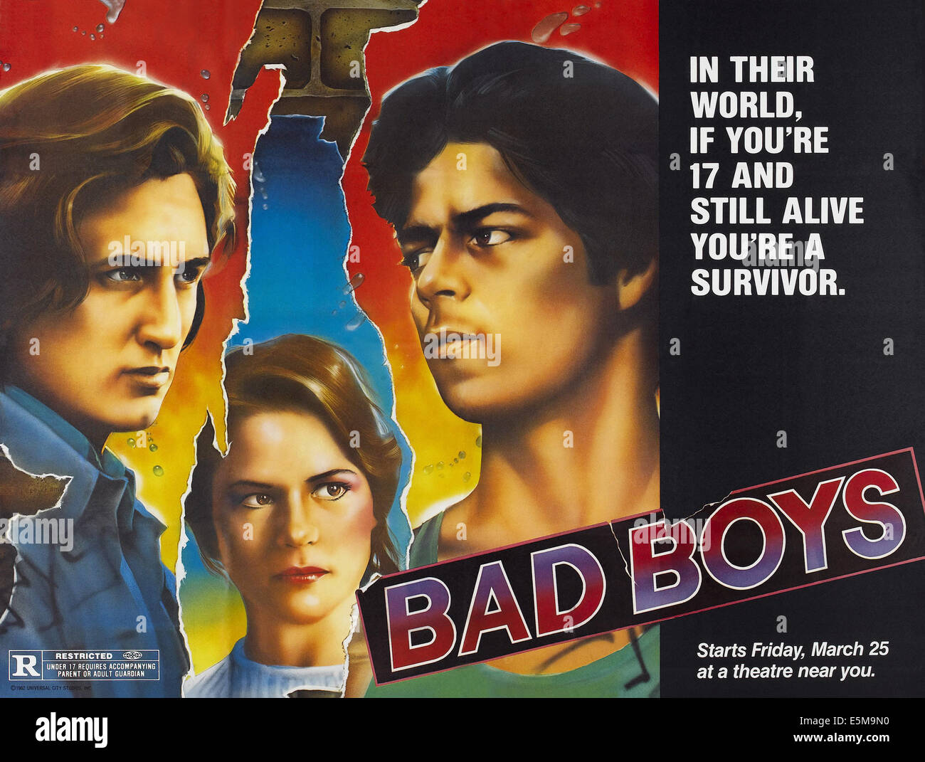 BAD BOYS, US lobby card, from left: Sean Penn, Ally Sheedy, Esai Morales, 1983, © Universal Pictures/courtesy Everett Collection Stock Photo