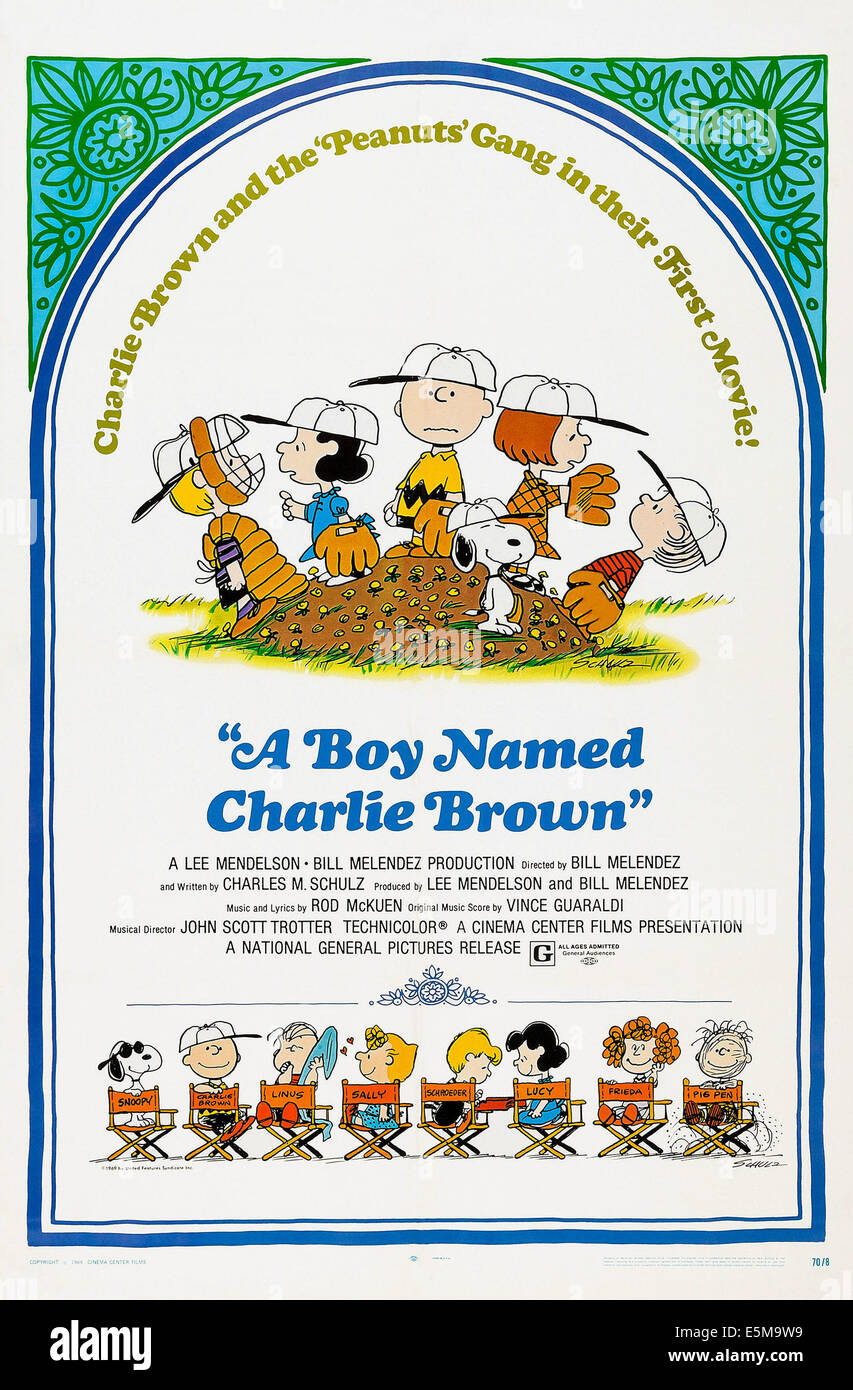 A BOY NAMED CHARLIE BROWN, top l-r: Schroeder, Lucy Van Pelt, Charlie Brown, Snoopy, Patty, Linus Van Pelt, bottom l-r: Snoopy, Stock Photo