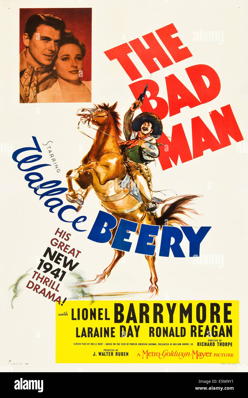 THE BAD MAN, top l-r: Ronald Reagan, Laraine Day, bottom: Wallace Beery on poster art, 1941 Stock Photo