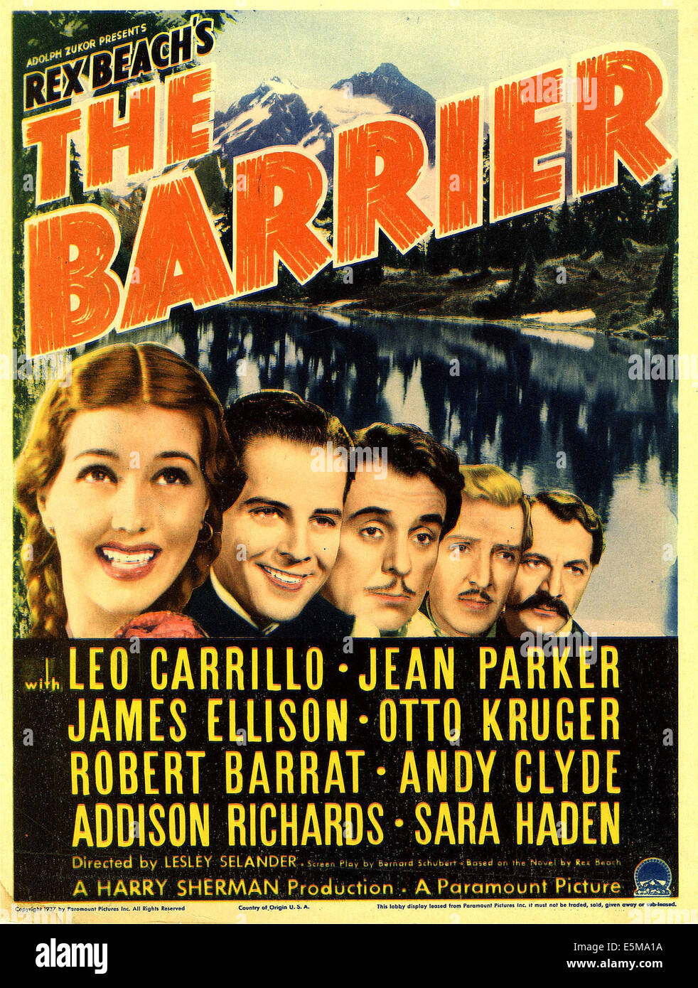 THE BARRIER, far left: Jean Parker, Leo Carillo (center) on midget window card, 1937 Stock Photo