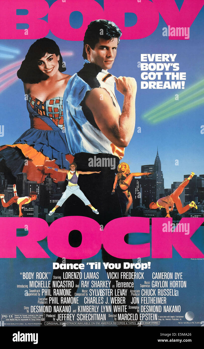 BODY ROCK, l-r: Michelle Nicastro, Lorenzo Lamas on poster art, 1984, ©New World Pictures/courtesy Everett Collection Stock Photo