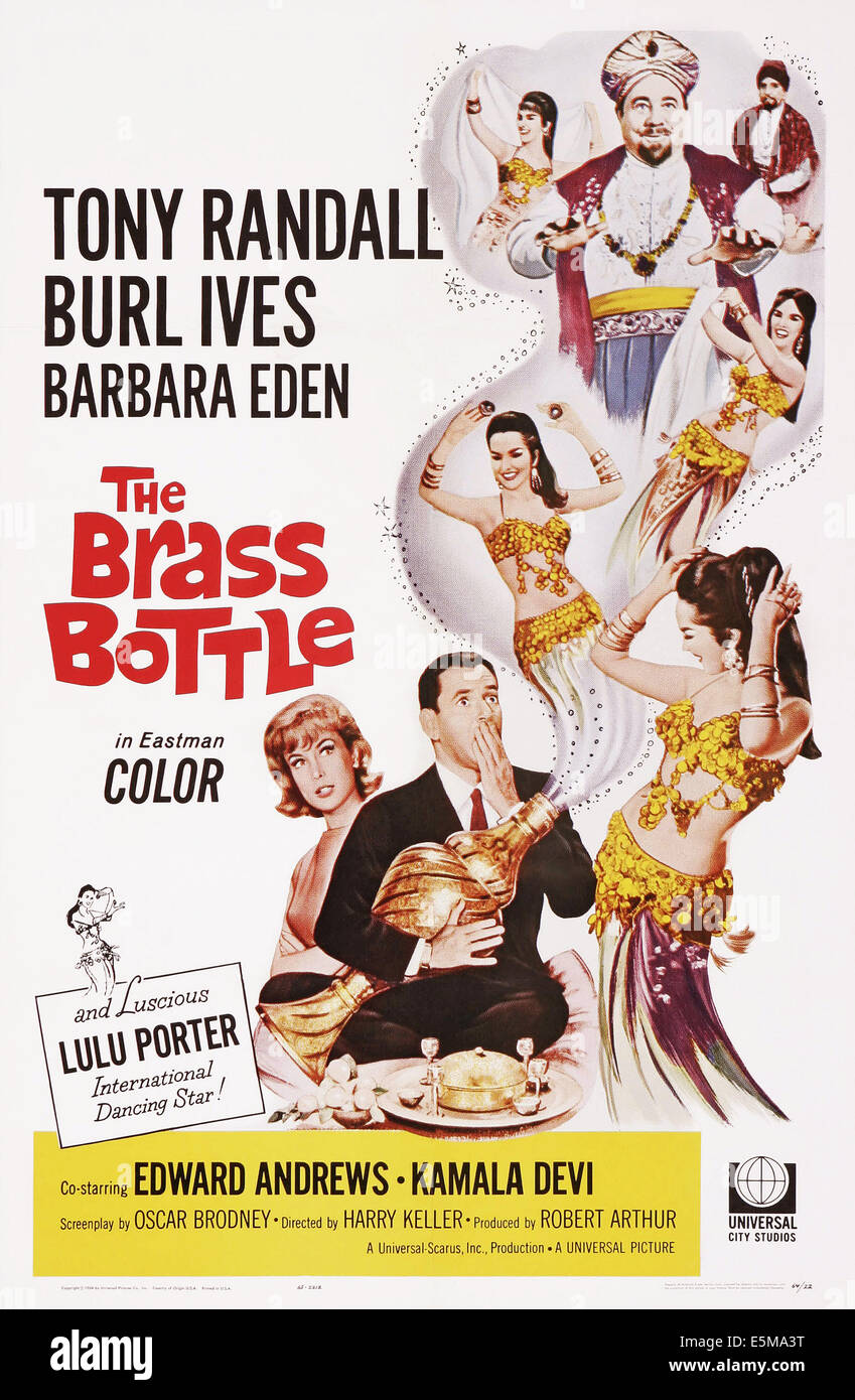 THE BRASS BOTTLE, top l-r: Tony Randall, Kamala Devi, bottom l-r: Barbara Eden, Tony Randall, Burl Ives on poster art, 1964. Stock Photo