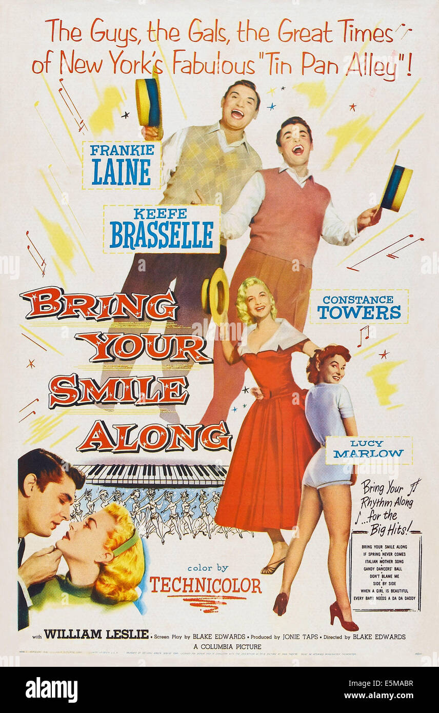 BRING YOUR SMILE ALONG, US poster, from top: Frankie Laine, Keefe Brasselle, Constance Towers, Lucy Marlowe, bottom from left: Stock Photo