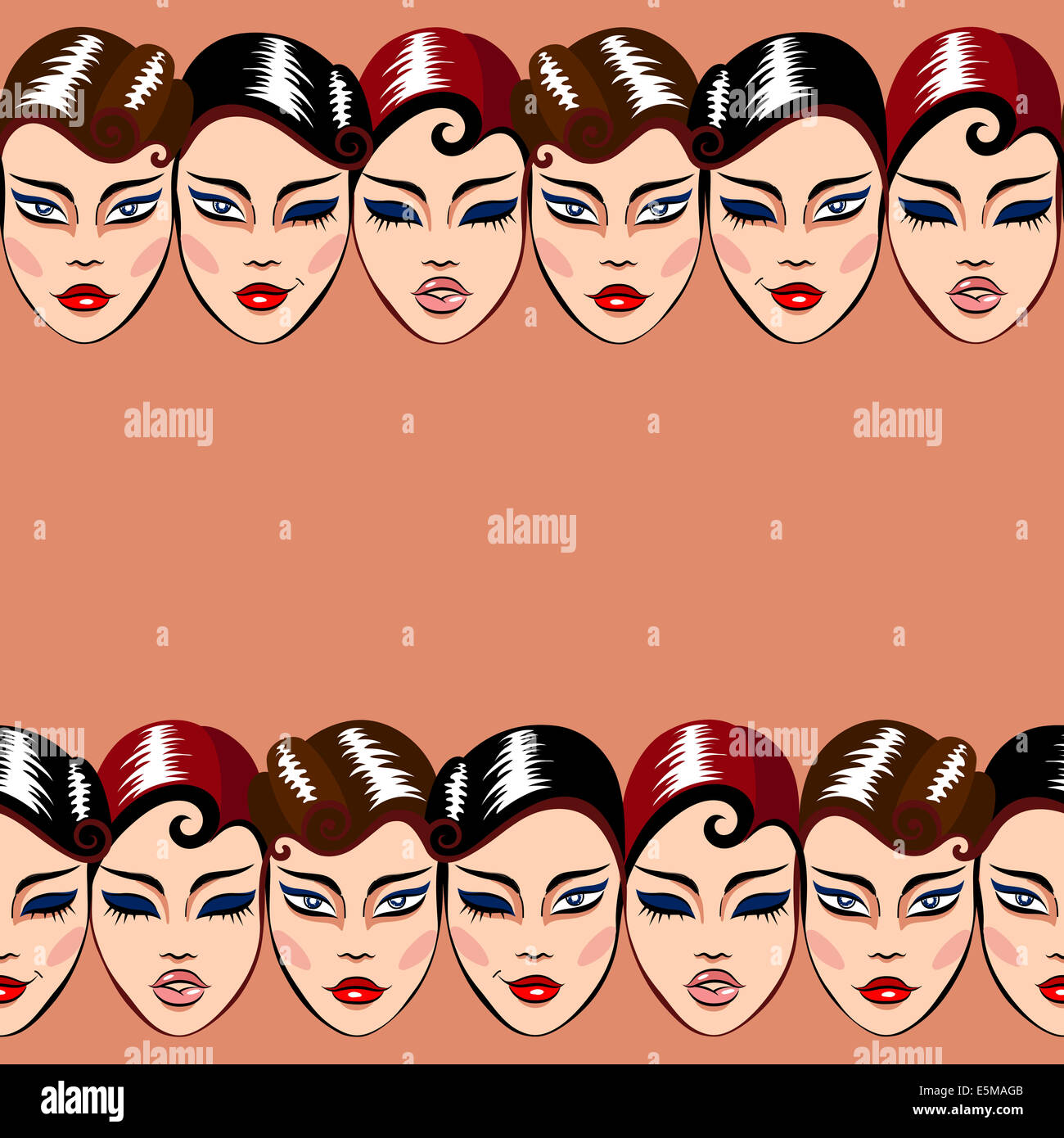 Seamless pattern with rows of woman faces Stock Photo
