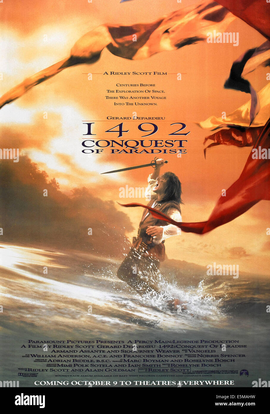 1492: CONQUEST OF PARADISE, US advance poster art, Gerard Depardieu as Christopher Columbus (center), 1992, © Stock Photo