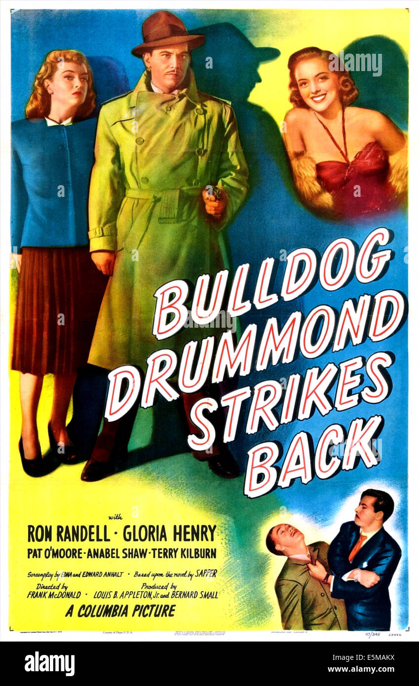 BULLDOG DRUMMOND STRIKES BACK, US poster, top from left: Gloria Henry, Ron Randell, Anabel Shaw, 1947 Stock Photo