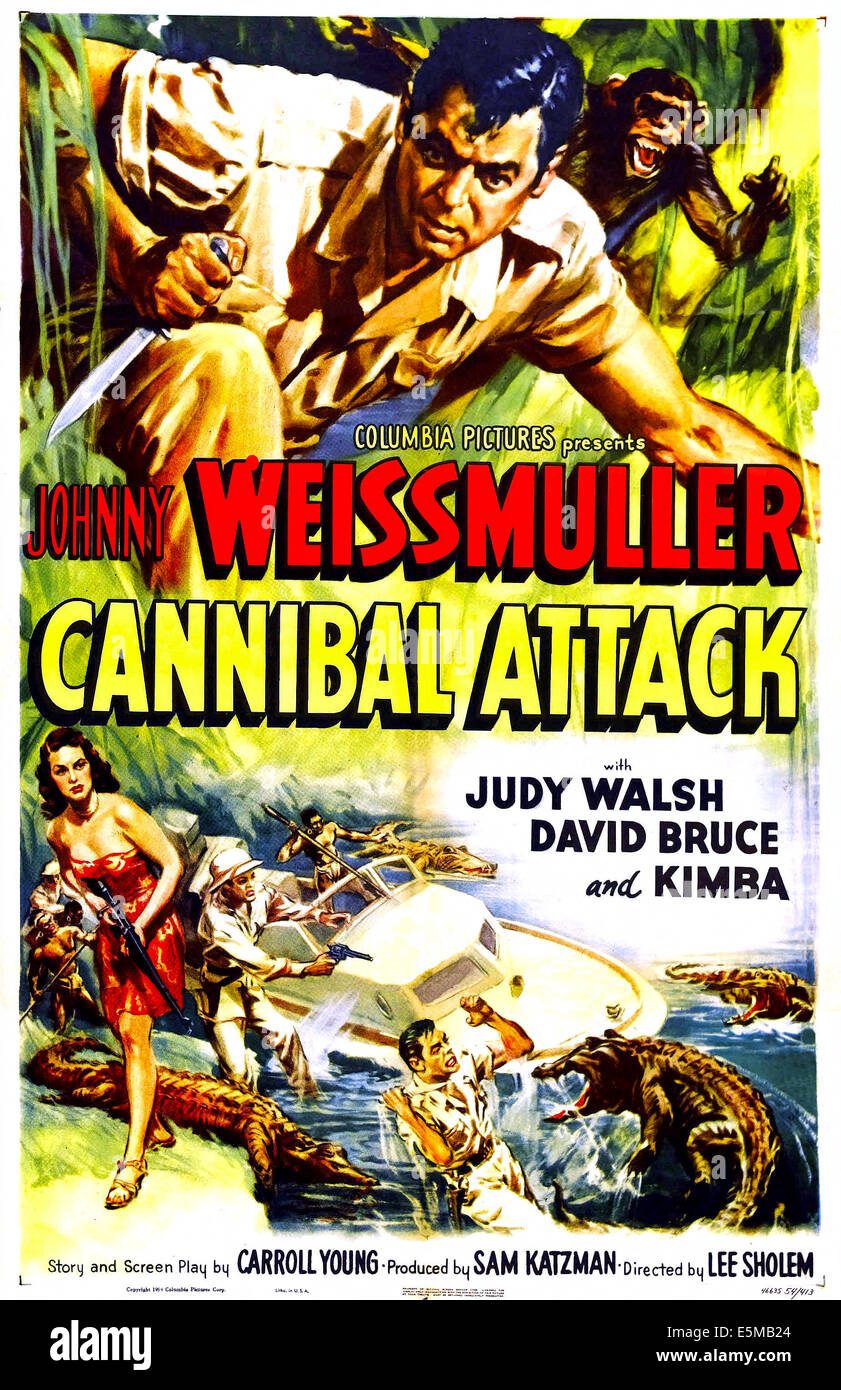 CANNIBAL ATTACK, US poster, Johnny Weismuller (top), 1954 Stock Photo