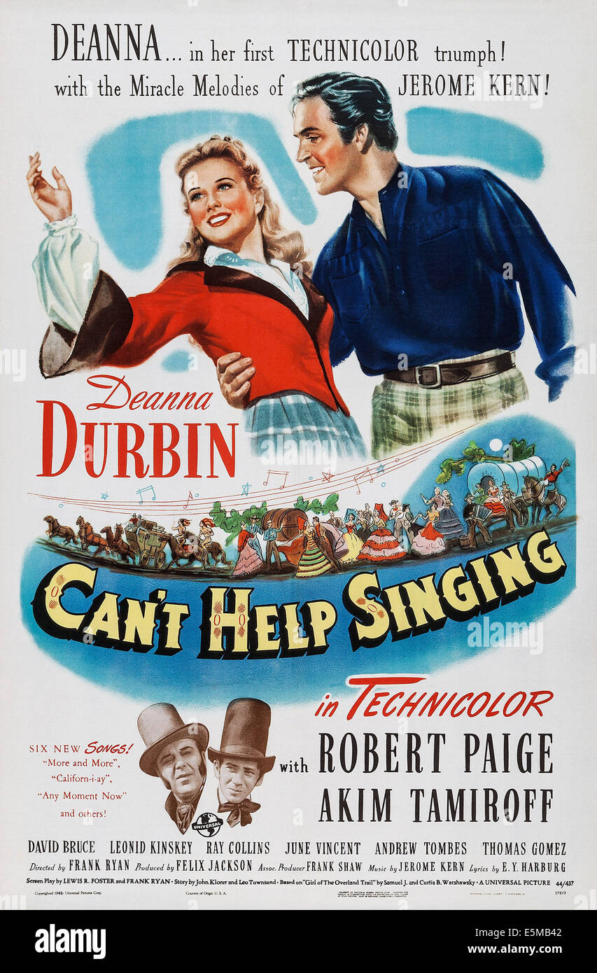 CAN'T HELP SINGING, top l-r: Deanna Durbin, Robert Paige, bottom left: Akim Tamiroff on poster art, 1944. Stock Photo