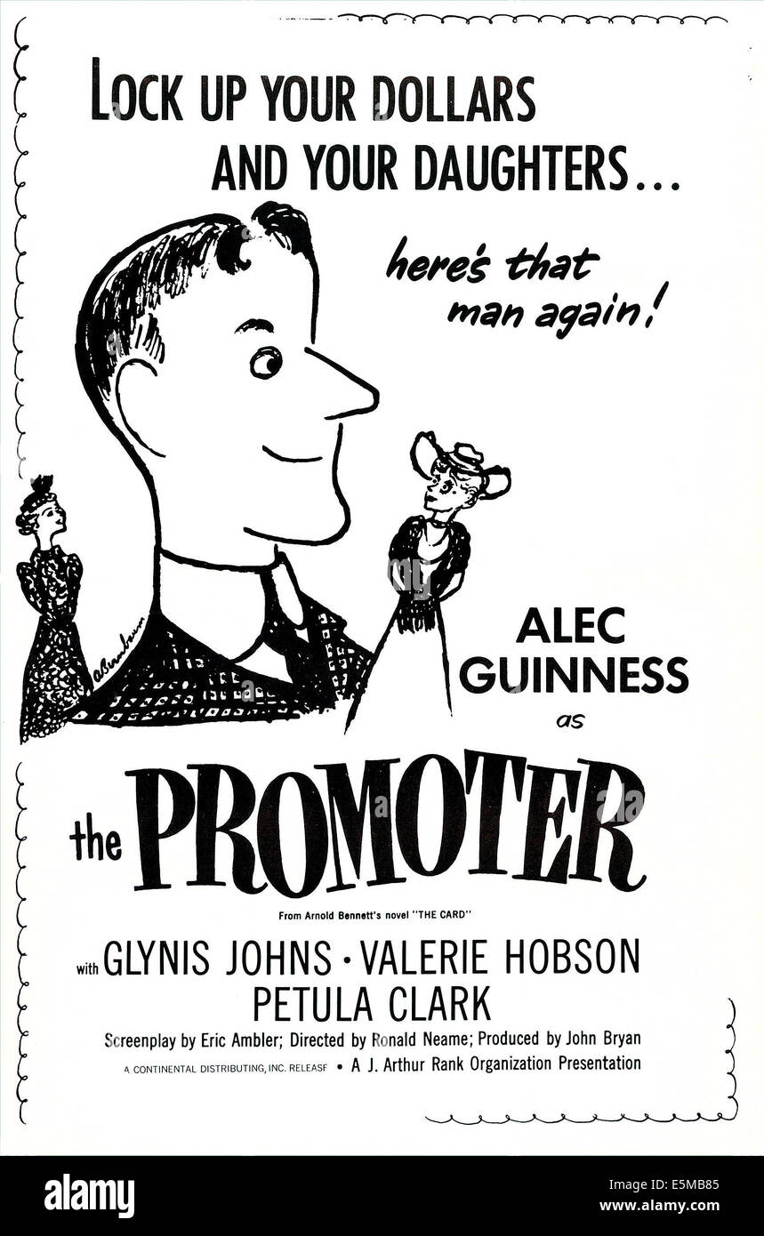 THE CARD, (aka THE PROMOTER), US poster art, Alec Guinness, 1952 Stock