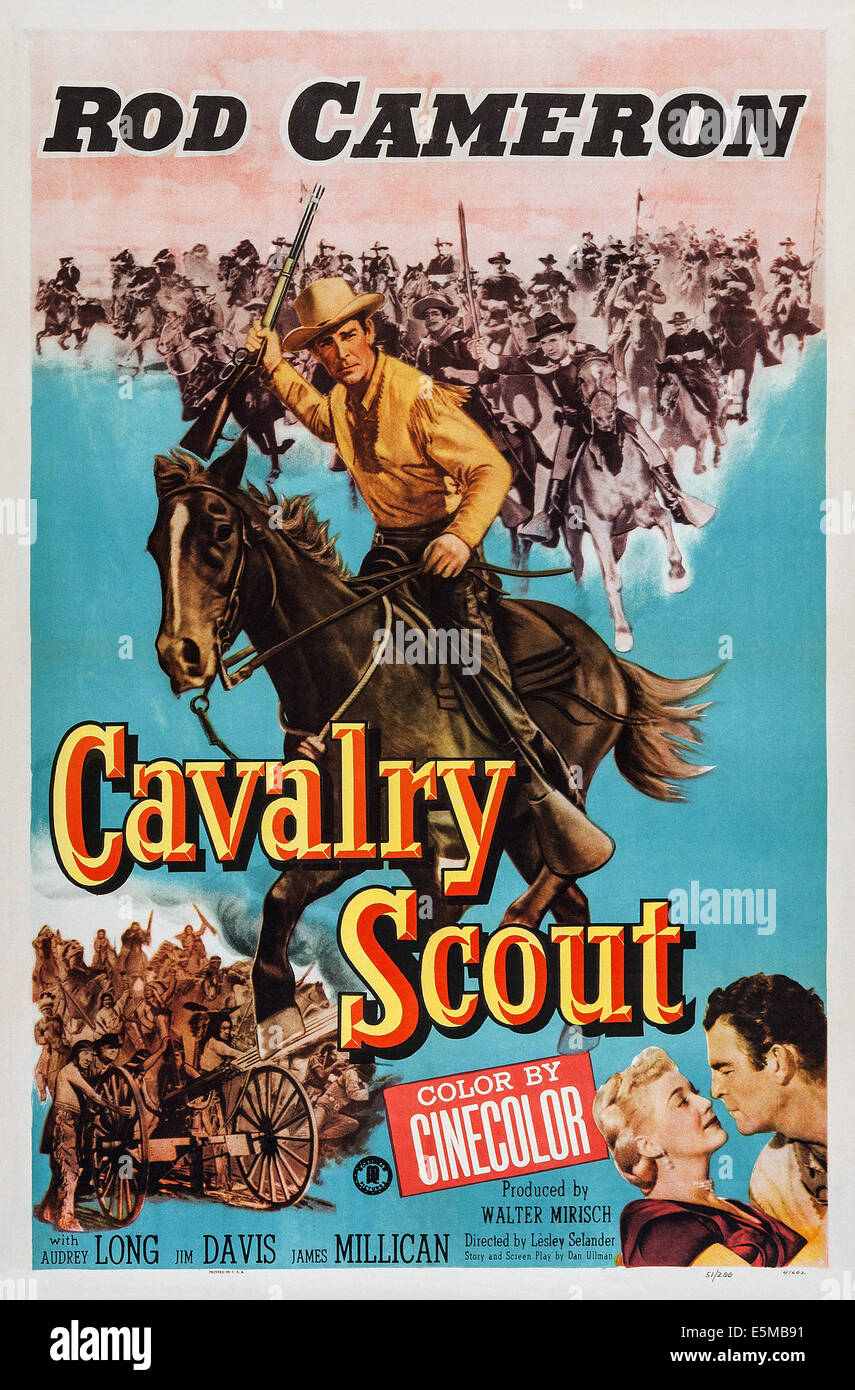 CAVALRY SCOUT, US poster, Rod Cameron (top), bottom from left: Audrey Long, Rod Cameron, 1951 Stock Photo