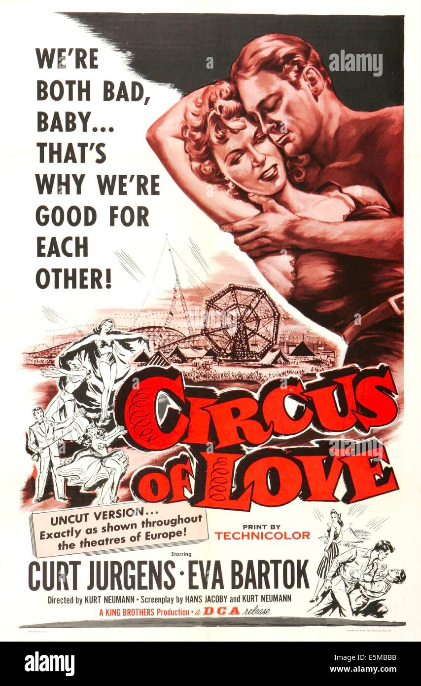 CIRCUS OF LOVE, (aka RUMMELPLATZ DER LIEBE), US poster, from left: Curt Jurgens, Eva Bartok, 1954 Stock Photo