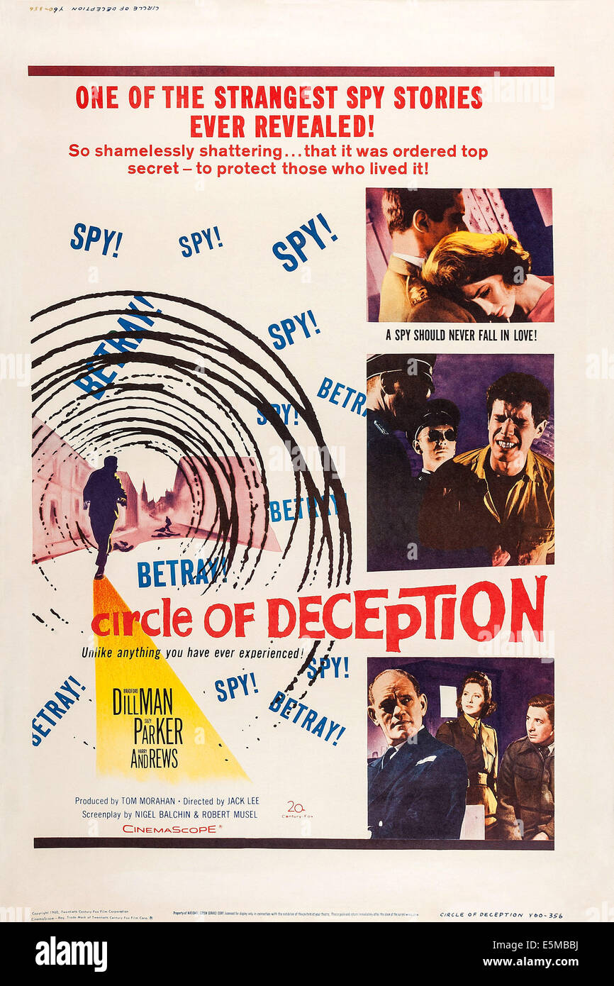 A CIRCLE OF DECEPTION, US poster, top from left: Bredford Dillman, Suzy Parker, center right (Bradford Dillman, bottom left: Stock Photo