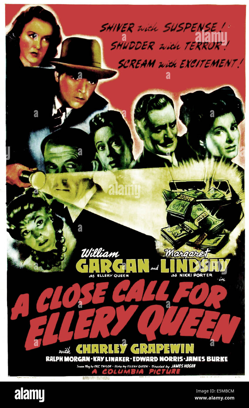 A CLOSE CALL FOR ELLERY QUEEN, US poster, top from left: Margaret Lindsay, William Gargan, 1942 Stock Photo
