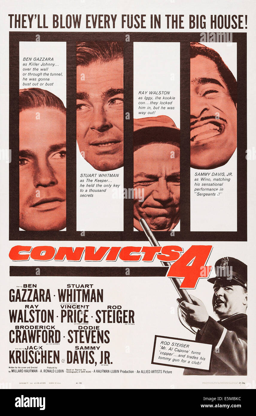 CONVICTS 4, top l-r: Ben Gazzara, Stuart Whitman, Ray Walston, Sammy Davis Jr., bottom: Rod Steiger on poster art, 1962. Stock Photo
