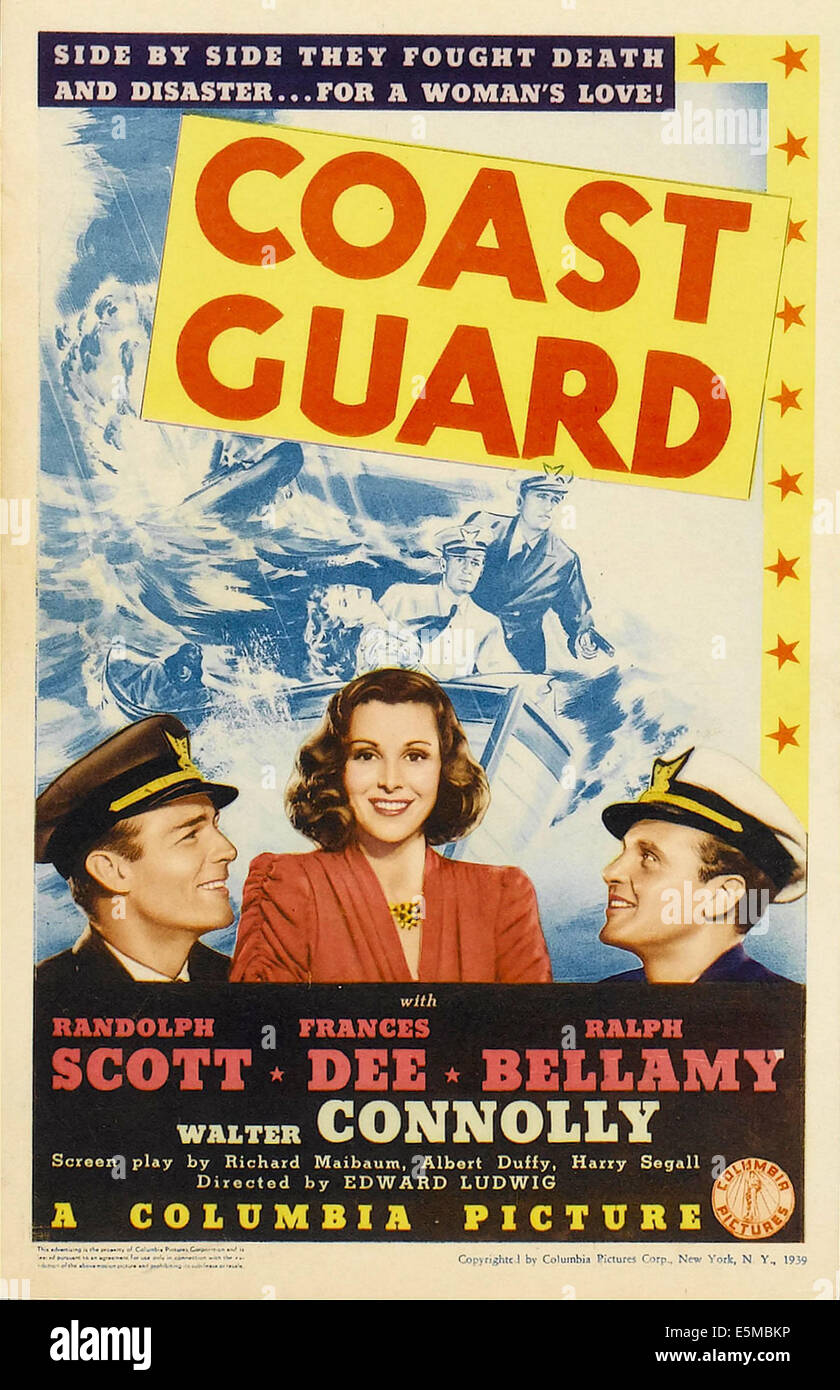 COAST GUARD, from left: Randolph Scott, Frances Dee, Ralph Bellamy on midget window card, 1939. Stock Photo