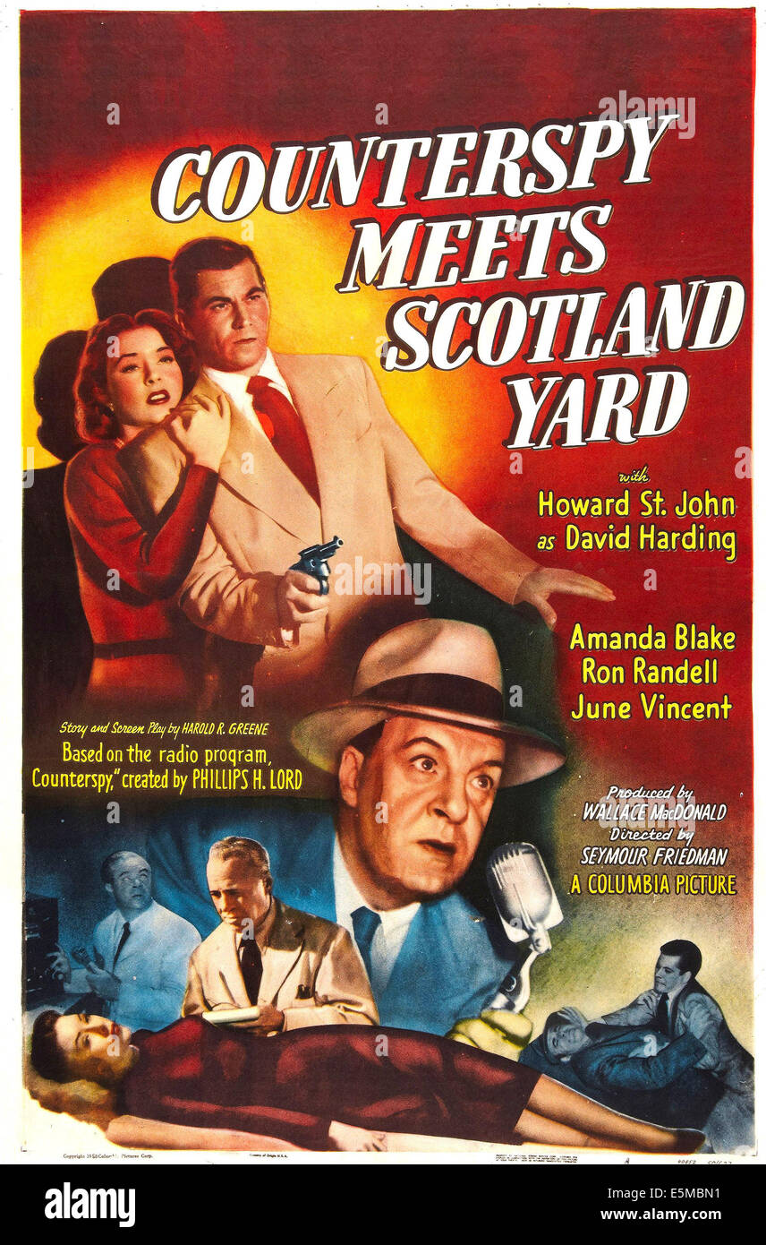 COUNTERSPY MEETS SCOTLAND YARD, US poster, from top: Ron Randell, Amanda Blake, Howard St. John, 1950 Stock Photo