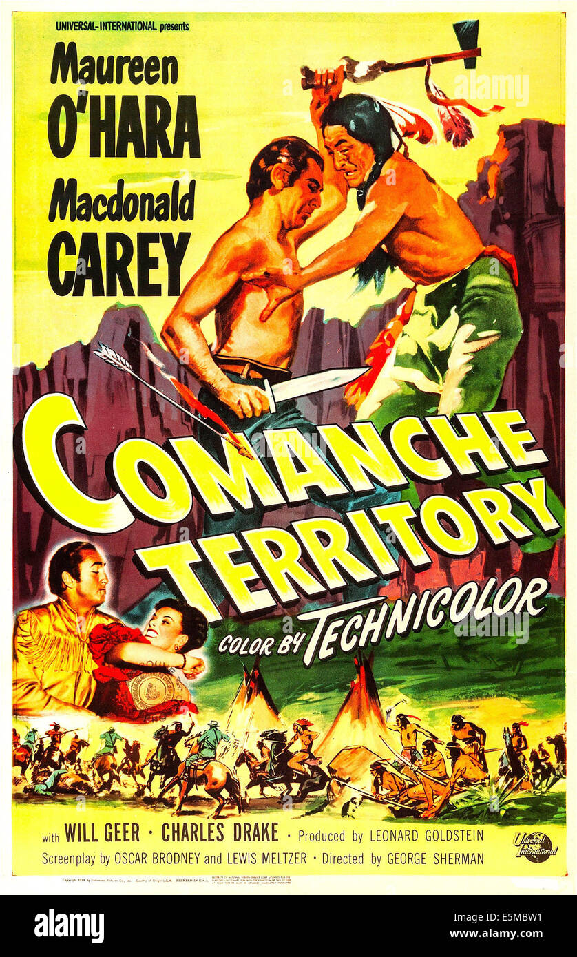 COMANCHE TERRITORY, US poster art, from left: Macdonald Carey, Maureen O'Hara, 1950 Stock Photo