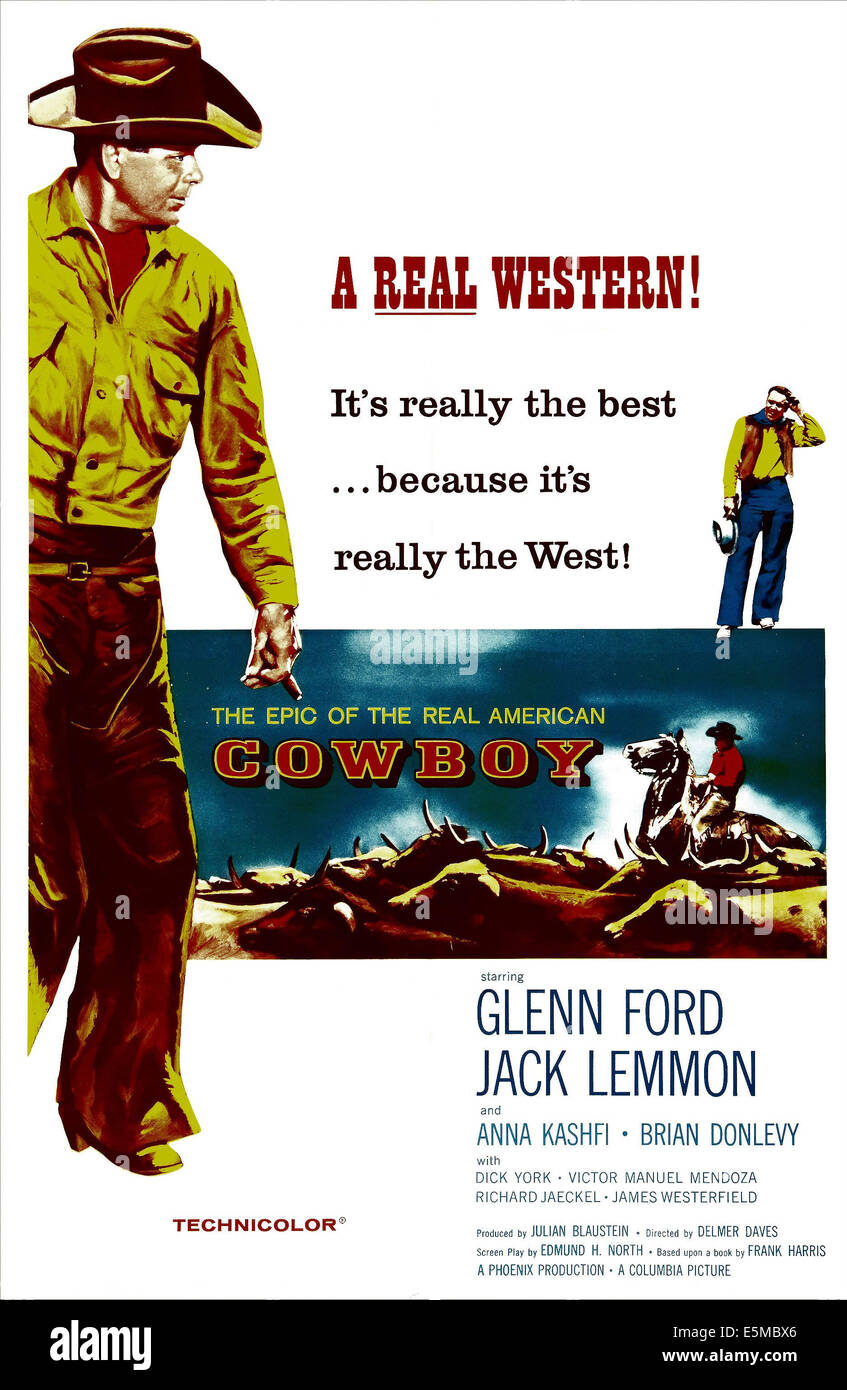 COWBOY, US poster, from left: Glenn Ford, Jack Lemmon, 1958 Stock Photo
