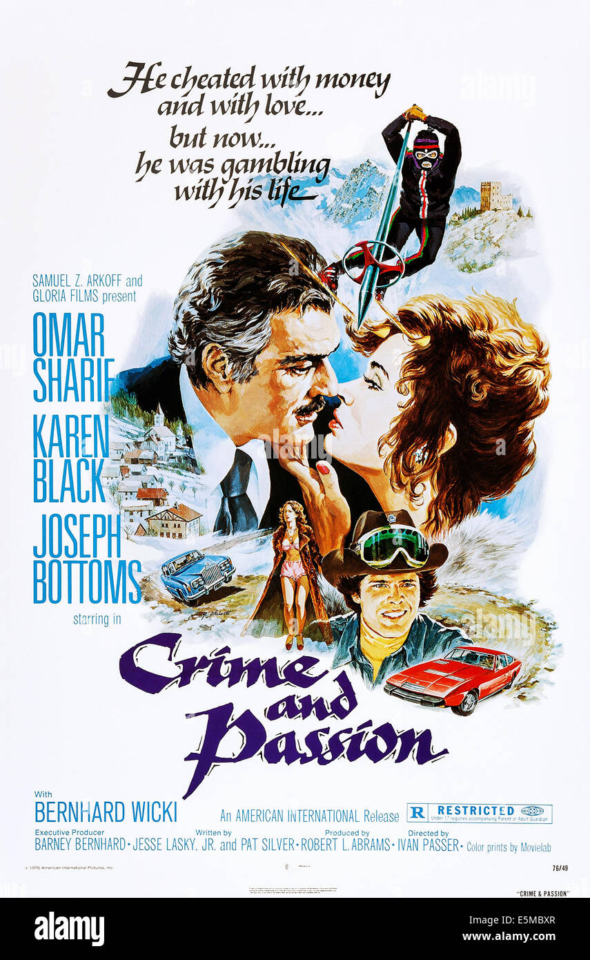 CRIME AND PASSION, (aka ACE UP MY SLEEVE), US poster art, from left: Omar Sharif, Karen Black, Joseph Bottoms, 1976 Stock Photo