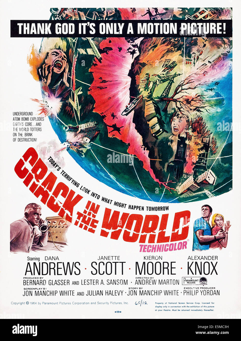 CRACK IN THE WORLD, l-r: Dana Andrews, Kieron Moore, Janette Scott on poster art, 1965. Stock Photo