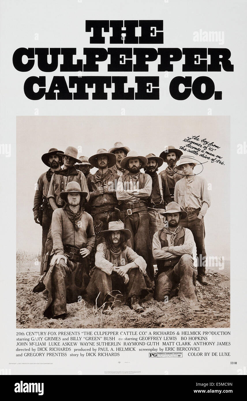 THE CULPEPPER CATTLE CO., US poster, standing from left: Charles Martin Smith, Bo Hopkins, Geoffrey Lewis (hands on shirt), Stock Photo