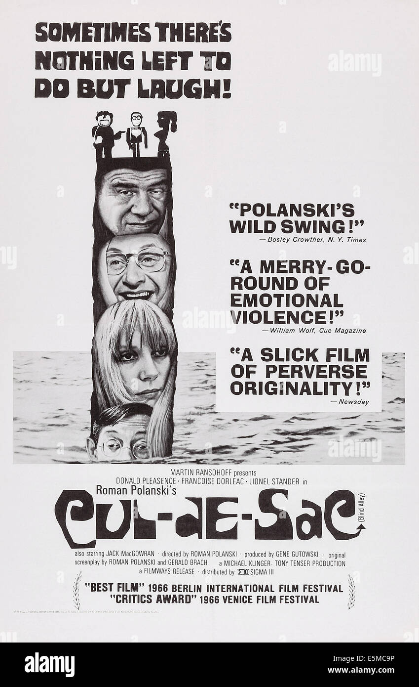 CUL-DE-SAC, from top: Lionel Stander, Donald Pleasence, Francoise Dorleac, Jack MacGowran on poster art, 1966. Stock Photo