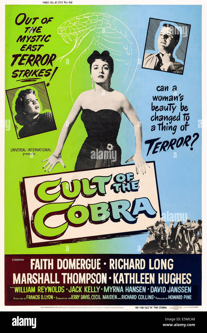CULT OF THE COBRA, l-r: Kathleen Hughes, Faith Domergue, Marshall Thompson on poster art, 1955 Stock Photo
