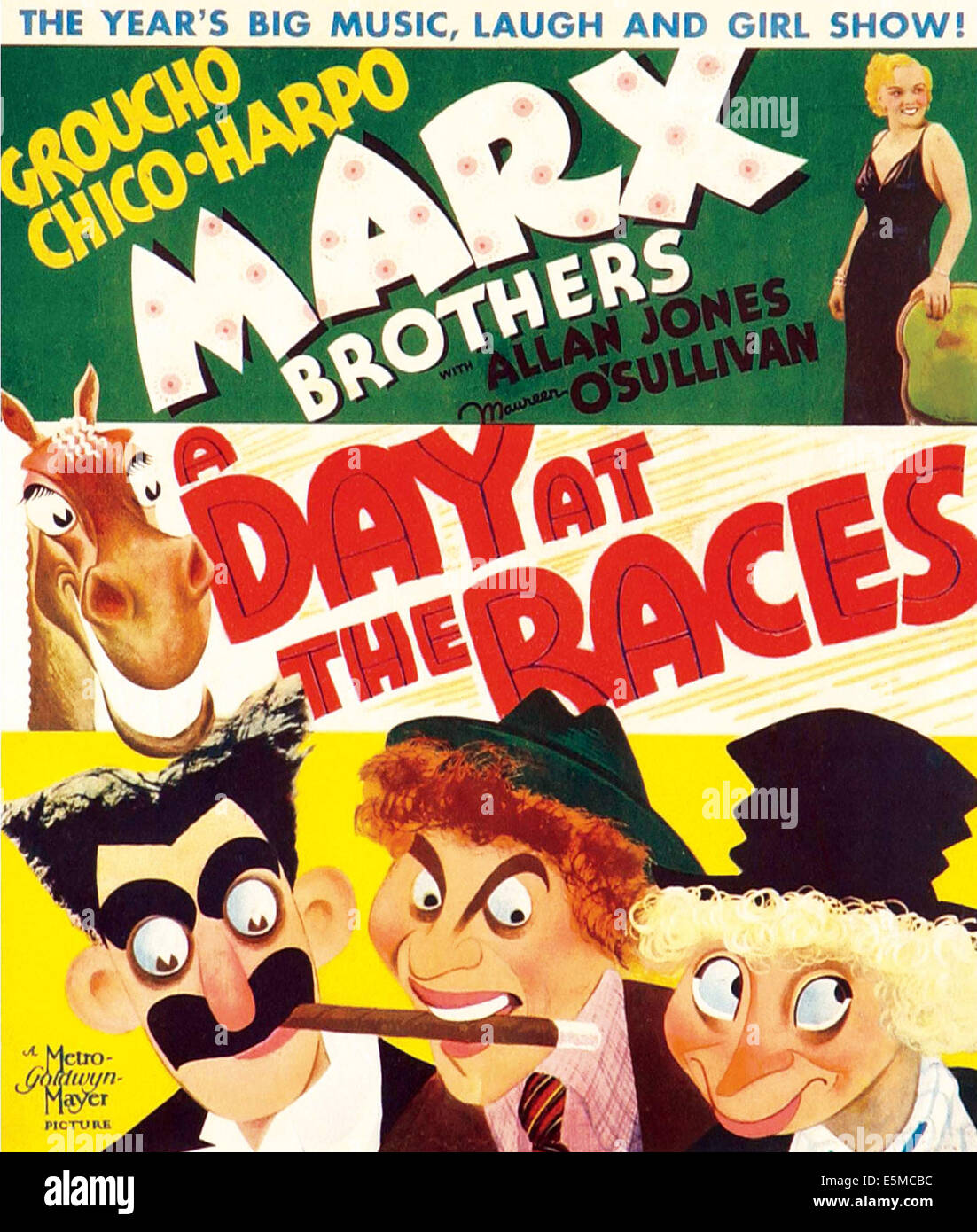A DAY AT THE RACES, at top on right: Esther Muir; at bottom from left: Groucho Marx, Chico Marx, Harpo Marx, (aka the 'Marx Stock Photo