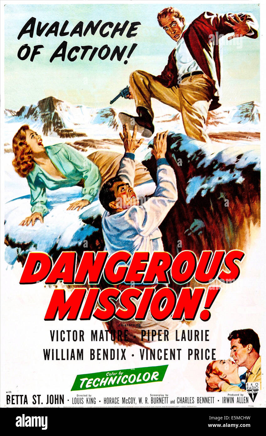 DANGEROUS MISSION, US poster, from left: Piper Laurie, Victor Mature, Vincent Price, 1954 Stock Photo
