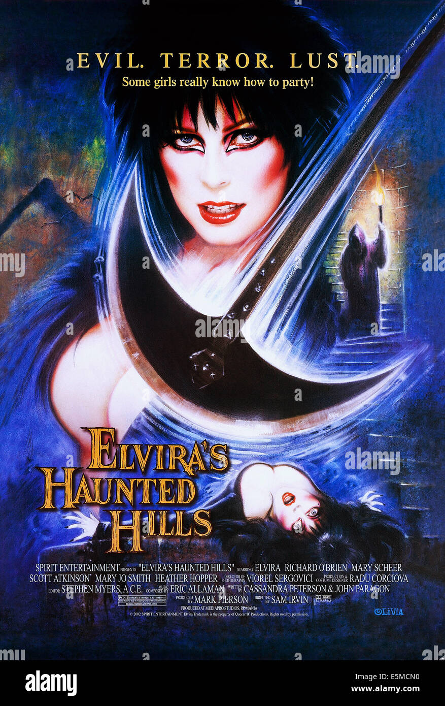 ELVIRA'S HAUNTED HILLS, top and bottom:  Cassandra Peterson (aka Elvira) on poster art, 2001, ©Elvira Movie Company Stock Photo