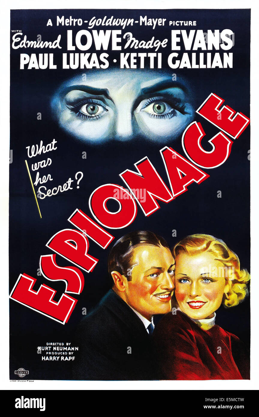 ESPIONAGE, US poster, from left: Edmund Lowe, Madge Evans, 1937 Stock Photo