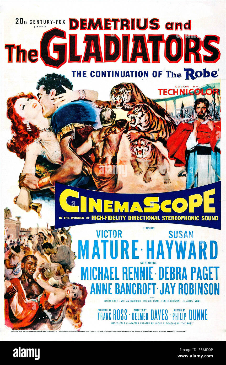 DEMETRIUS AND THE GLADIATORS, US poster, from left: Susan Hayward, Victor Mature, Michael Rennie (far right), 1954. TM and Stock Photo
