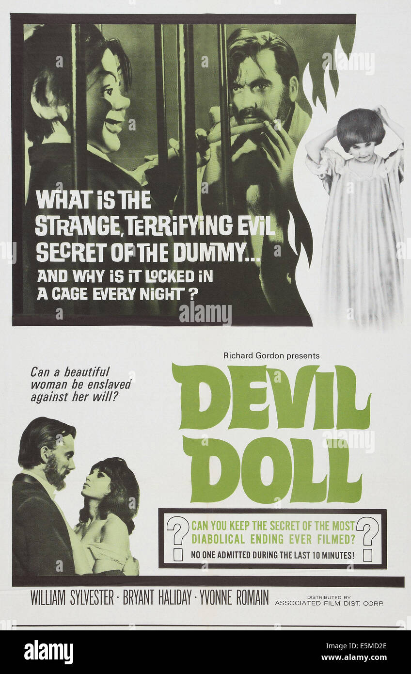 DEVIL DOLL, top and bottom l-r: Bryant Haliday, Yvonne Romain on poster art, 1964. Stock Photo