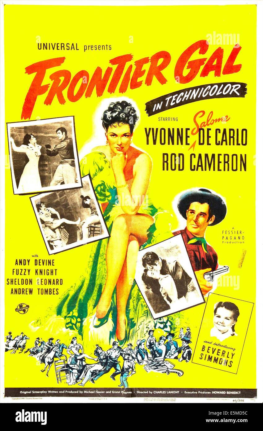 FRONTIER GAL, US poster, from top: Yvonne DeCarlo, Rod Cameron, Beverly Simmons, 1945 Stock Photo